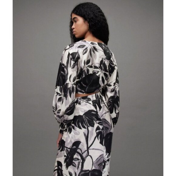 AllSaints Carla Jackie Ruched Crop Top Silk Blend Ecru White & Black SZ 10 NEW - Picture 3 of 6